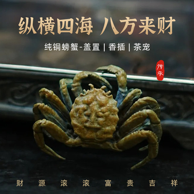 中国美术学院文创手工青铜螃蟹横行财神茶宠摆件可养桌面盖置礼物