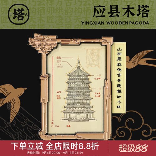 中国美术学院文创山西应县木塔建筑双图纸抽拉冰箱贴旅游纪念礼物