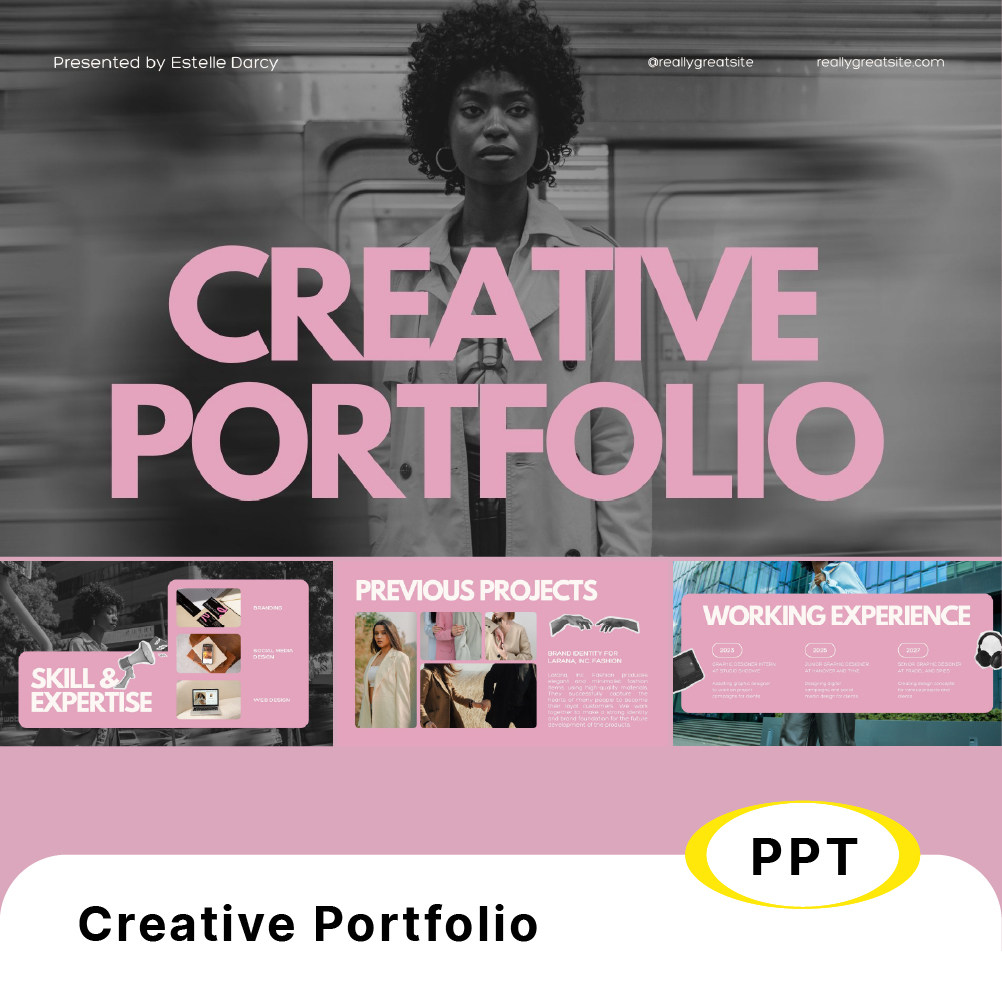 10页粉色时尚创意求职设计师作品集portfolio排版个人简介ppt模板图片