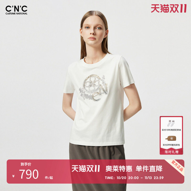 【100%棉】CNC女装奥莱重工烫钻白色T恤女夏季圆领百搭正肩短袖