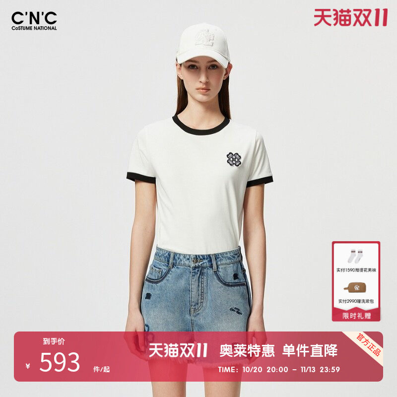 CNC女装奥莱撞色复古绣花正肩休闲短袖T恤女夏季潮流轻奢简约上衣