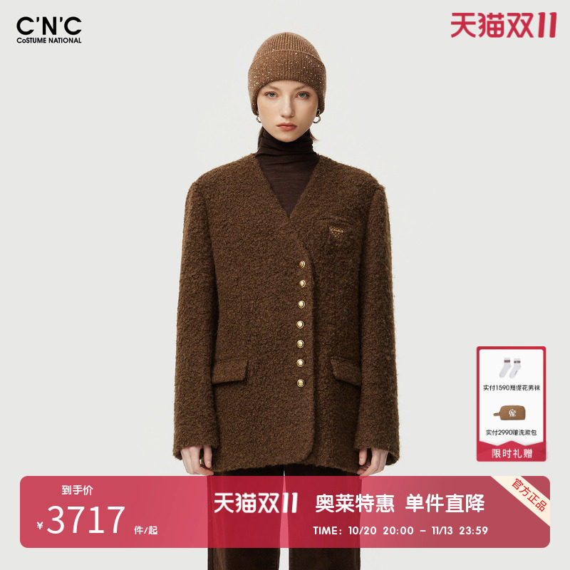 CNC女装奥莱轻奢高品中长款v领复古老钱气质羊毛大衣外套女