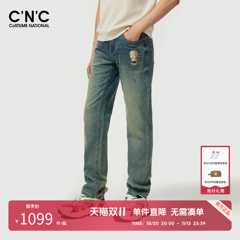 CNC男装奥莱轻奢休闲宽松牛仔裤男春秋潮玩公仔印花直筒长裤