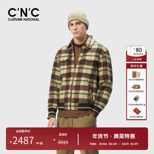 CNC男装奥莱棕色格纹短款羊毛呢大衣春秋新款美拉德翻领夹克外套