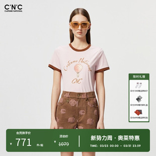 潮流轻奢修身 CNC女装 新款 T恤女夏季 显瘦上衣 奥莱粉色logo印花短袖