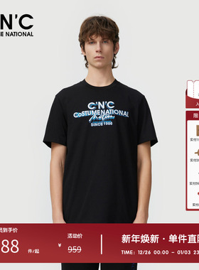 CNC男装奥莱春夏新款黑色印花圆领短袖T恤男士宽松上衣