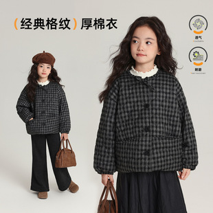 布丁哈鲁儿童圆领格纹棉衣2025冬季新款深色百搭女童棉服上衣外套