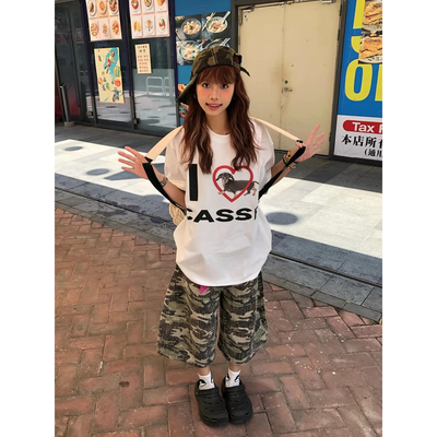 ELOF01582# 官图 21支纯棉210克（100%棉）美式复古趣味t恤女夏季