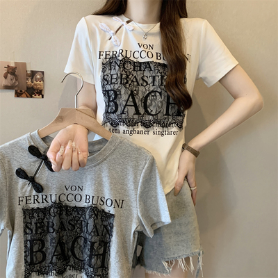 ELOF324# 实拍 实价40支纯棉210克（92棉/8氨纶）短袖T恤女印花网