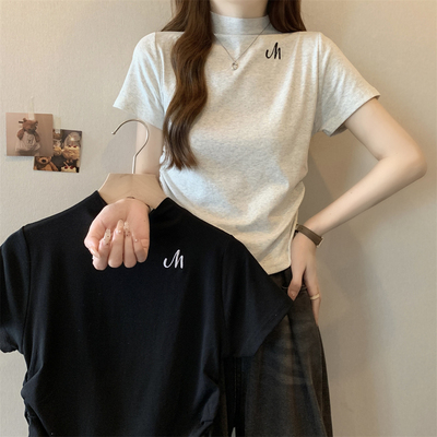 ELOF283# 实拍 实价40支纯棉210克（92棉/8氨纶）半高领短袖T恤女