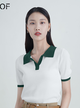 ELOF撞色翻领针织衫女夏季韩版设计感修身短袖上衣薄款T恤小香风