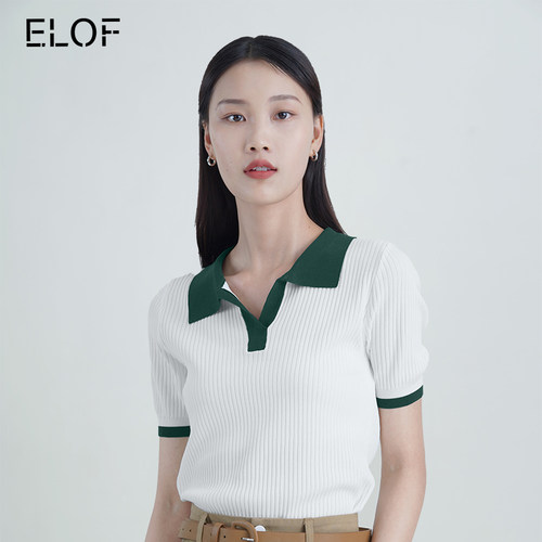 ELOF撞色翻领针织衫修身短袖