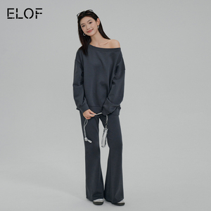 ELOF女士卫衣2024秋冬新款斜肩一字肩气质修身显瘦喇叭裤通勤套装