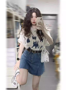 ELOF01178# 官图 21支纯棉210克（100%棉）港风chic短袖t恤女夏季