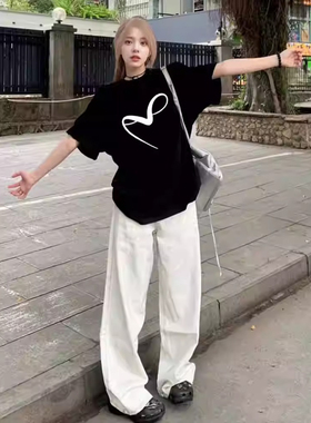 ELOF01181# 官图 21支纯棉210克（100%棉）短袖T恤女宽松大码印花