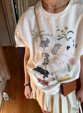 ELOF01051# 官图 21支纯棉210克（100%棉）卡通兔子印花宽松短袖T