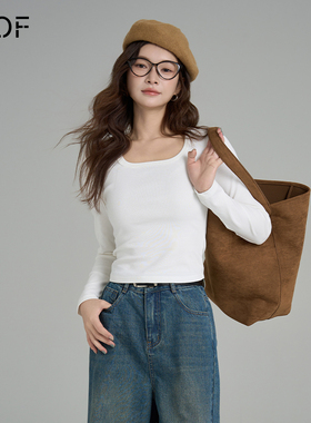 ELOF纯色U领长袖T恤女秋冬打底内搭上衣