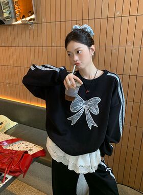 ELOF6095# 官图 实价 华棉复合 薄款-加绒 卫衣女条纹蕾丝花边刺