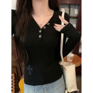 ELOF550#实拍 40支纯棉（92棉/8氨纶） 2024秋装长袖T恤女V领纽扣