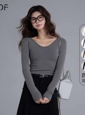 ELOF纯色V领长袖打底衫T恤