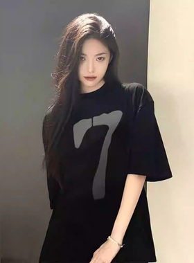 ELOF01176# 官图 21支纯棉210克（100%棉）美式复古黑色短袖t恤女