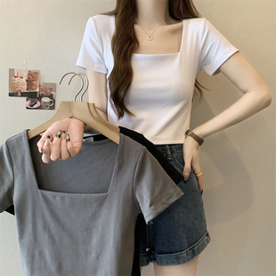 ELOF131实拍 实价 40支纯棉210克(92棉/8氨纶)短袖T恤女方领纯