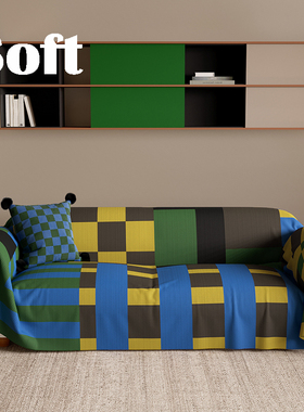 包豪斯复古格子沙发巾客厅防尘盖毯四季通用直排高级沙发盖布轻奢