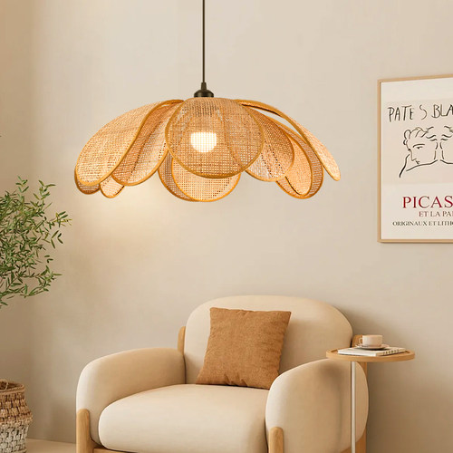 餐厅吊灯日式编织民宿房间卧室客厅灯藤编花瓣创意个性原木风吊灯