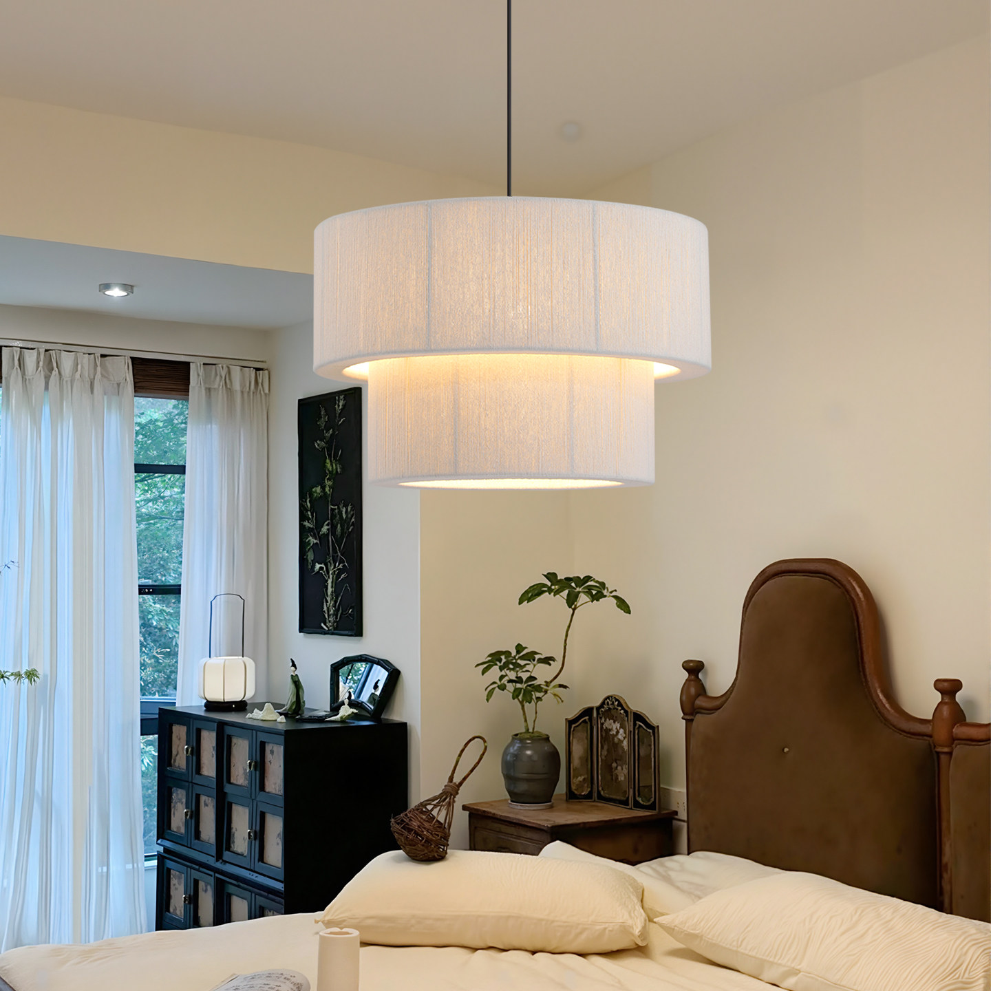 法式中古风布艺餐厅吊灯简约双层圆锥形客厅卧室主灯棉线白色灯罩,家装灯饰光源,卧室/书房吊灯,淘宝优惠券,粉丝福利购,淘宝优惠卷