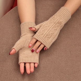 无印风纯色羊毛绞花半指手套女冬季保暖露指学生写字防寒亲肤针织