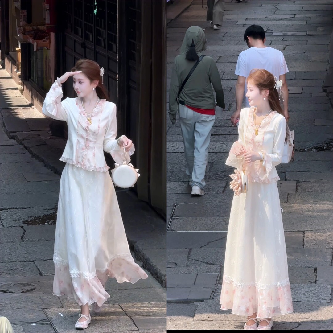 【婷婷】《秋风起》真丝拼接蕾丝 木耳边千金套装 TT2S工作室原创