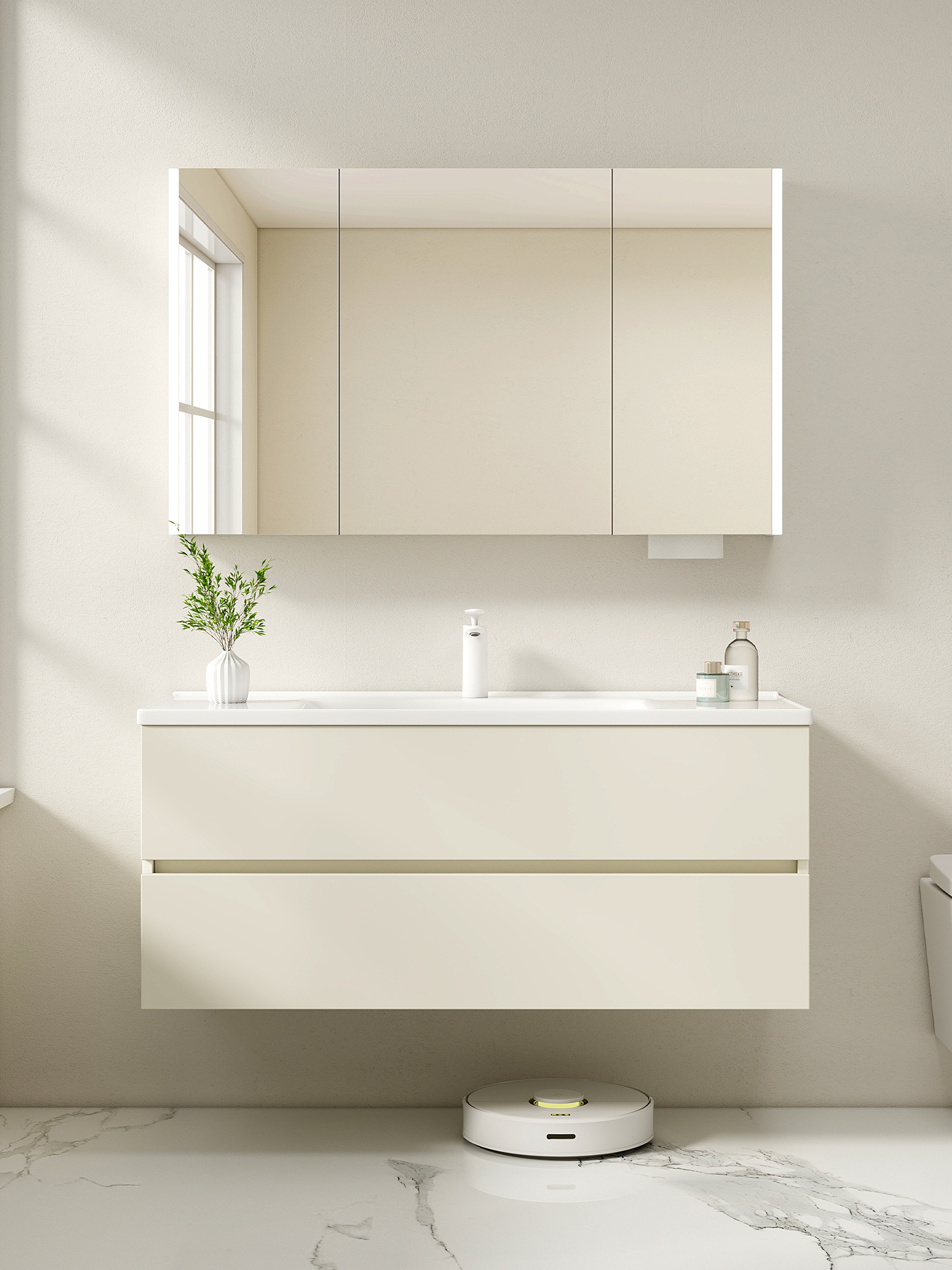 2025新型浴室柜橡胶木奶油风格陶瓷一体化面盆洗脸盆浴室面盆柜组