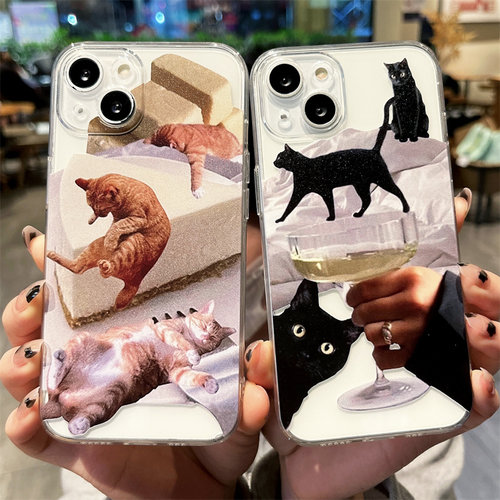 ins酒杯可爱猫咪适用iphone12/13promax苹果11手机壳17/16全包7/8plus女透明15u硅胶防摔13mini软壳保护套se3