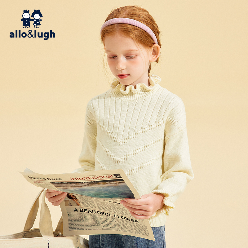 allolugh女童2024秋冬毛衣荷叶领打底衫可内搭半高领温暖舒适上衣