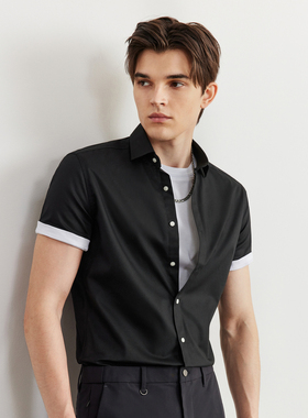 【易打理】G2000男装夏季舒适时尚设计斜纹棉质亲肤短袖黑色衬衫.
