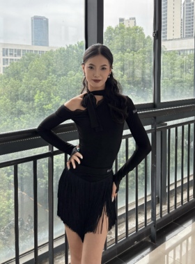 ELLA-D拉丁舞服女成人长袖露肩上衣流苏半身裙黑色套装练舞表演