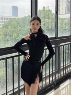ELLA-D拉丁舞服女成人长袖露肩上衣流苏半身裙黑色套装练舞表演