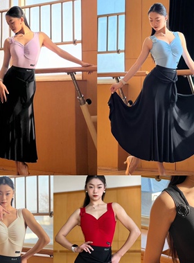 ELLA-D摩登舞服套装吊带花朵上衣拉丁白紫蓝红黑色半身裙长裙女士