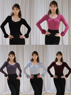 Fairy拉丁舞服钻石领长袖上衣花朵袖黑灰蓝紫梅子色练舞表演女士