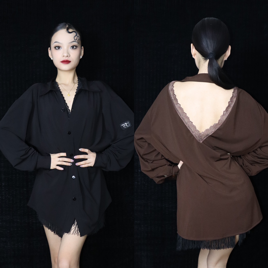 长袖拉丁舞服Ru蕾丝花边露背衬衫