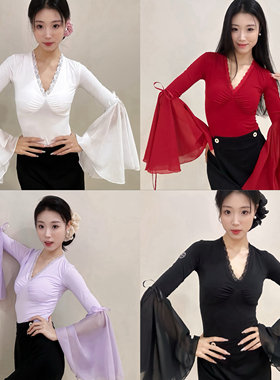 Fairy拉丁舞服春秋冬长袖摩登上衣丝带飘袖黑白红紫色艺考表演女
