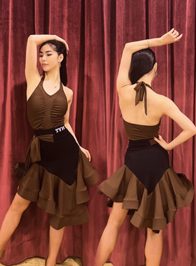 TYH拉丁舞服挂脖系带连体衣鱼骨半身裙棕色拼黑色演出服艺考女士