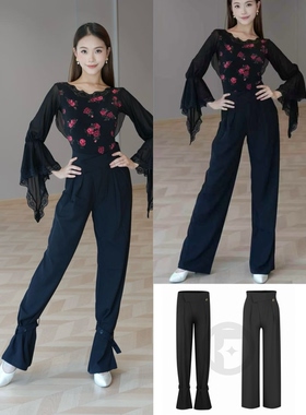 Fairy摩登舞服黑色直筒裤束脚裤两穿粘贴裤练舞表演教课女士成人