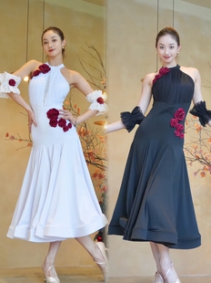 Fairy摩登舞服红花朵挂脖无袖上衣鱼骨长裙黑白色练舞艺考表演女