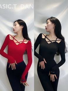 Basic.T拉丁舞服黑色红色长袖上衣锁骨盘带连体衣练功服艺考女士