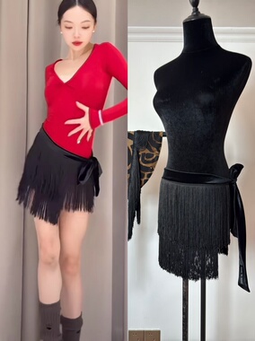 Loyal拉丁舞服双层流苏裙系带臀巾腰封黑色豹纹练舞表演女成人