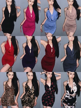 Loyal拉丁舞服新款套装挂脖连体衣包臀裙黑红蓝紫梅子色豹纹印花