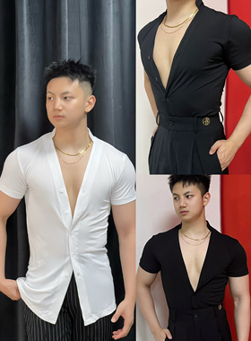 睿拉丁舞服男士V领短袖T恤黑色纽扣上衣摩登舞练功服大开领