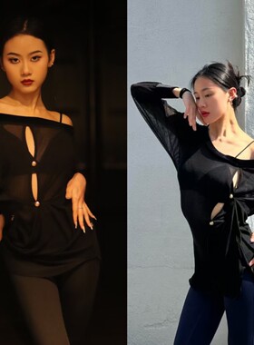 Loyal拉丁舞服一字肩镂空网纱上衣黑色罩衫长袖练功服教师舞服女