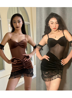 TYH拉丁舞服绒面吊带连衣裙蕾丝珠串短裙黑色棕色艺考表演练舞女